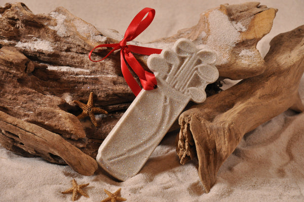 SAND ORNAMENT, CHRISTMAS TREE ORNAMENT, TROPICAL CHRISTMAS DECORATIONS, COASTAL ORNAMENT, SAND ORNAMENT, TROPICAL ORNAMENT, ARENOPHILE, SANTA, CHRISTMAS ORNAMENT, GOLF BAG