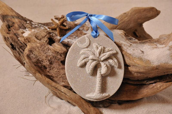 SAND ORNAMENT, CHRISTMAS TREE ORNAMENT, TROPICAL CHRISTMAS DECORATIONS, COASTAL ORNAMENT, SAND ORNAMENT, TROPICAL ORNAMENT, ARENOPHILE, SANTA, CHRISTMAS ORNAMENT, SOUTH CAROLINA, PALMETTO PALM, CRESCENT,