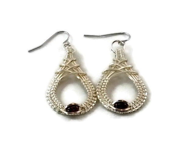 Argentium sterling silver mini cutout drop earrings with garnet cold fusion jewelry handmade silver jewelry sterling silver jewelry artisan jewelry one of a kind jewelry unique jewelry