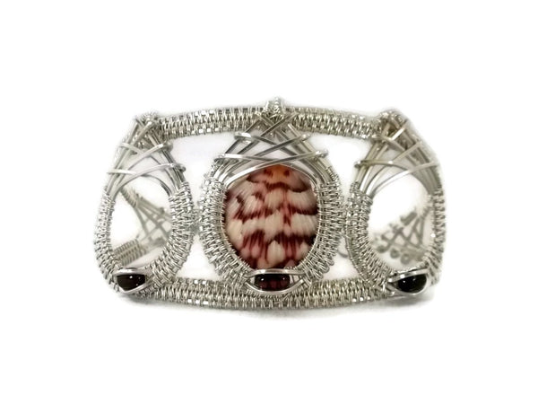 Argentium sterling silver mini shell drop cuff bracelet with garnet seashell bracelet ocean jewelry sanibel jewelry sanibel island jewelry captiva jewelry captiva island jewelry gold shell bracelet gold seashell bracelet island jewelry ocean inspired jewelry