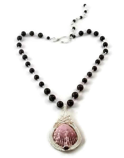 Argentium sterling silver shell drop necklace with garnet shell pendant shell necklace ocean jewelry ocean inspired jewelry captiva jewelry captiva island jewelry sanibel jewelry sanibel island jewelry island jewelry