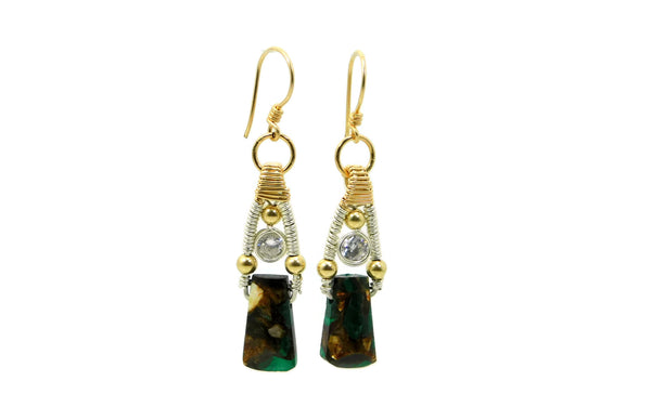 Malachite & Bronzite Bliss Earrings with Herkimer Diamonds in 14kt gold fill and sterling silver cold fusion jewelry gold and silver jewelry handmade silver jewelry sterling silver jewelry artisan jewelry handmade gemstone jewelry one of a kind jewelry unique jewelry