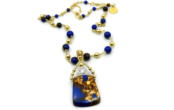 Lapis & Bronzite Bliss Trapezoid Pendant with Herkimer Diamonds in 14kt gold fill and sterling silver wire necklace cold fusion jewelry gold and silver jewelry handmade silver jewelry sterling silver jewelry artisan jewelry handmade gemstone jewelry one of a kind jewelry unique jewelry