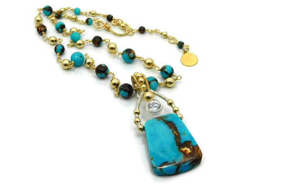 Turquoise & Bronzite Bliss Trapezoid Pendant with Herkimer Diamonds in 14kt gold fill and sterling silver wire necklace cold fusion jewelry gold and silver jewelry handmade silver jewelry sterling silver jewelry artisan jewelry handmade gemstone jewelry one of a kind jewelry unique jewelry