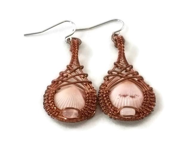 oxidized raw copper mini shell drop earrings with rose quartz ocean jewelry sanibel jewelry sanibel island jewelry captiva jewelry captiva island jewelry island jewelry ocean inspired jewelry copper jewelry