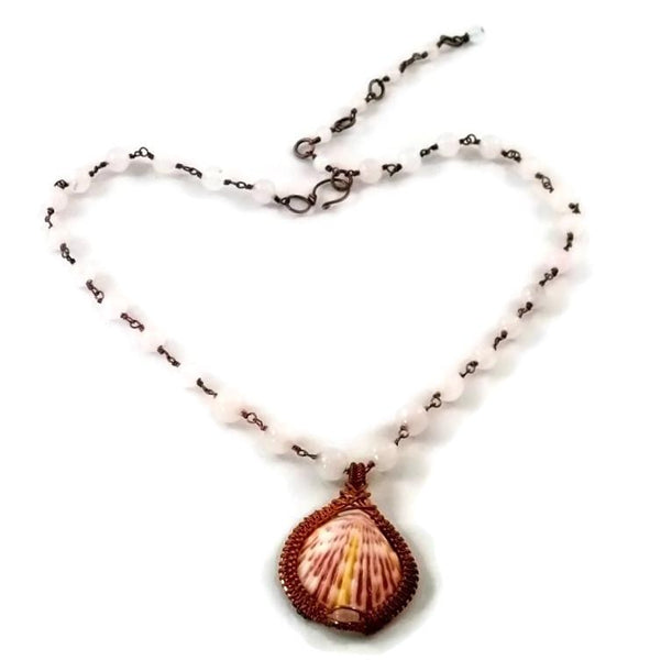 oxidized raw copper shell drop necklace with rose quartz shell pendant shell necklace ocean jewelry ocean inspired jewelry captiva jewelry captiva island jewelry sanibel jewelry sanibel island jewelry island jewelry