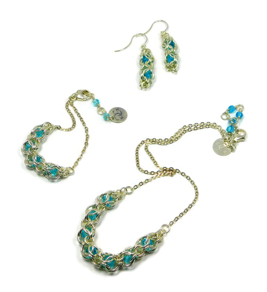 Sterling Silver Swarovski Captured Crystal Chainmaille Earrings Bracelet and Necklace Set