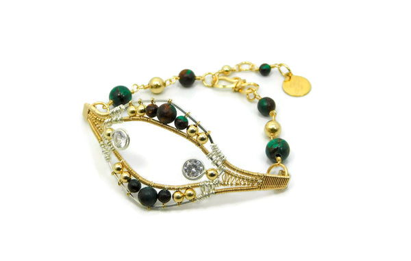 Malachite & Bronzite Joy Bracelet with Herkimer Diamonds in 14kt gold fill and sterling silver wrap bracelet wire wrap bracelet cold fusion jewelry gold and silver jewelry handmade silver jewelry sterling silver jewelry artisan jewelry handmade gemstone jewelry one of a kind jewelry unique jewelry