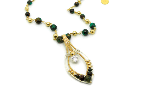 Malachite & Bronzite Joy Pendant with Herkimer Diamonds in 14kt gold fill and sterling silver wire necklace cold fusion jewelry gold and silver jewelry handmade silver jewelry sterling silver jewelry artisan jewelry handmade gemstone jewelry one of a kind jewelry unique jewelry