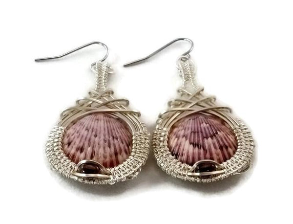 Argentium sterling silver shell drop earrings with garnet shell earrings ocean jewelry ocean inspired jewelry captiva jewelry captiva island jewelry sanibel jewelry sanibel island jewelry island jewelry