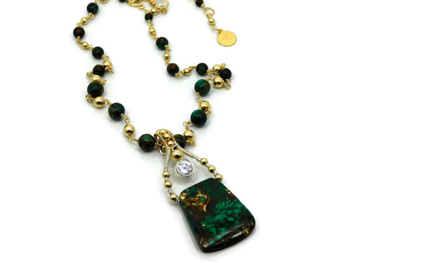 Malachite & Bronzite Bliss Trapezoid Pendant with Herkimer Diamonds in 14kt gold fill and sterling silver wire necklace cold fusion jewelry gold and silver jewelry handmade silver jewelry sterling silver jewelry artisan jewelry handmade gemstone jewelry one of a kind jewelry unique jewelry