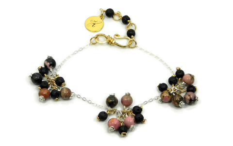 Cluster Bracelet Rhodonite Black Matrix and Lava Stone sterling silver and 14kt gold fill cold fusion jewelry gold and silver jewelry handmade silver jewelry sterling silver jewelry artisan jewelry handmade gemstone jewelry one of a kind jewelry unique jewelry