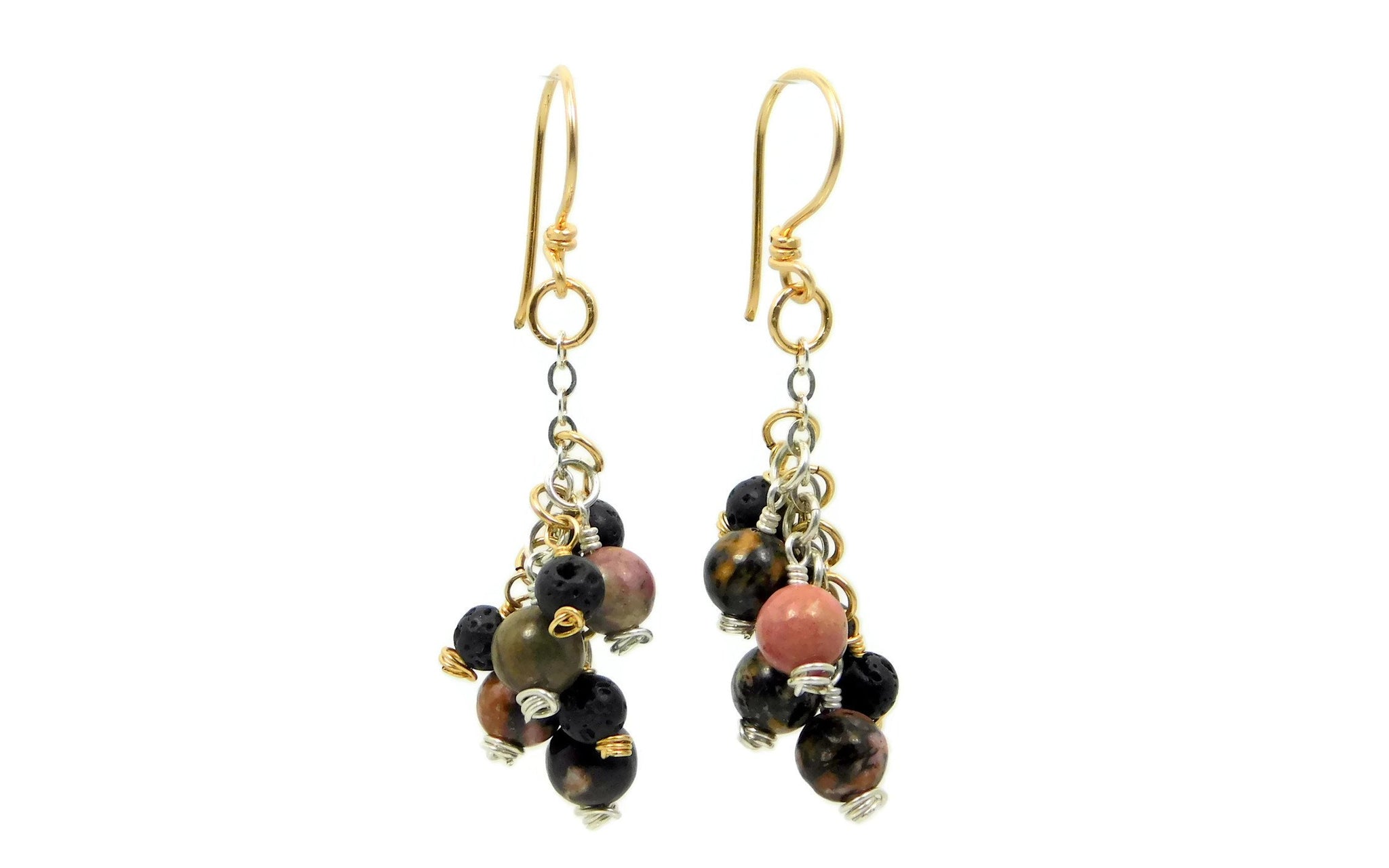 Rhodonite and Lava Stone earrings in sterling silver and 14kt gold fill cold fusion jewelry gold and silver jewelry handmade silver jewelry sterling silver jewelry artisan jewelry handmade gemstone jewelry one of a kind jewelry unique jewelry