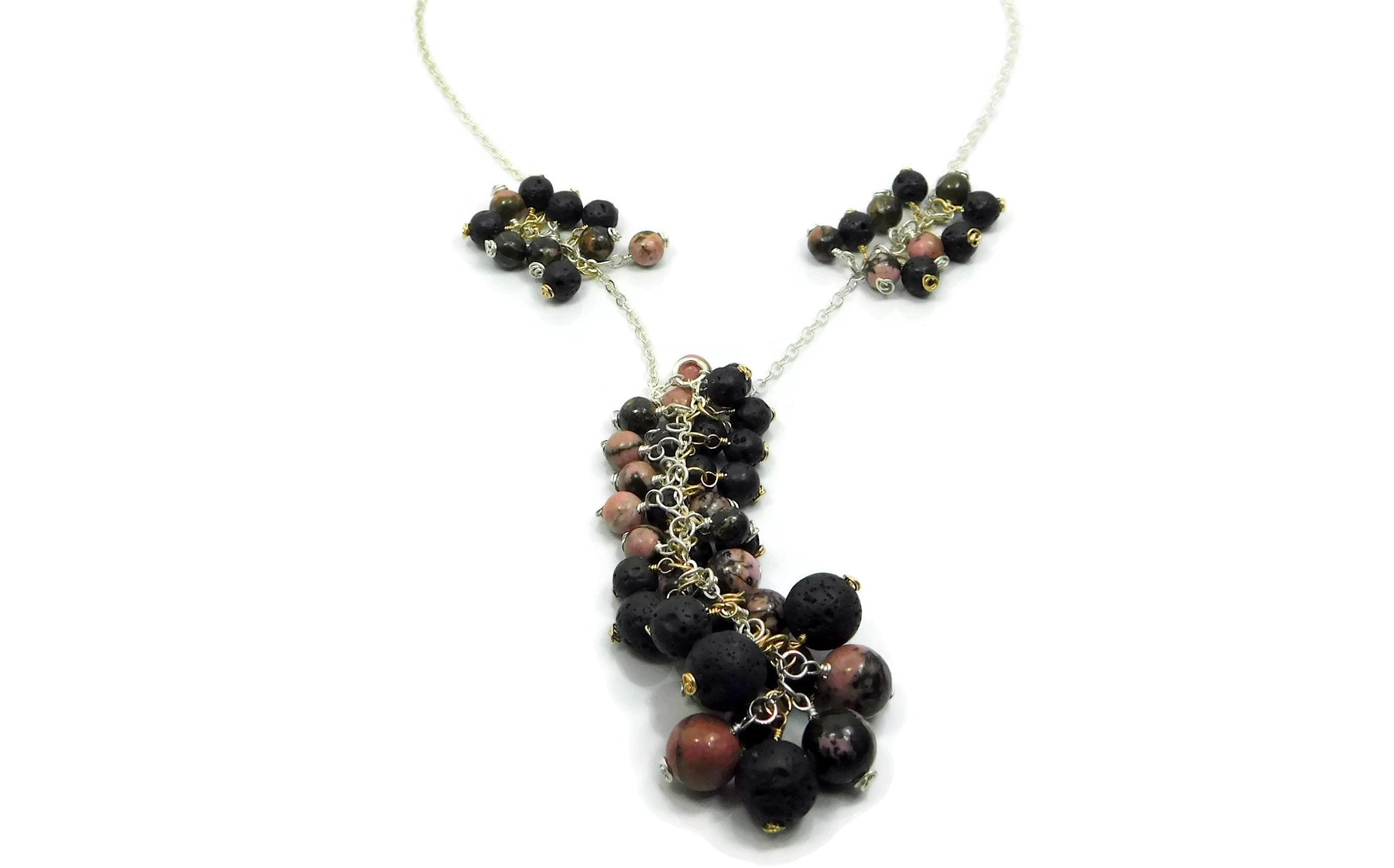 Rhodonite and Lava Stone Necklace in sterling silver and 14kt gold fill cold fusion jewelry gold and silver jewelry handmade silver jewelry sterling silver jewelry artisan jewelry handmade gemstone jewelry one of a kind jewelry unique jewelry