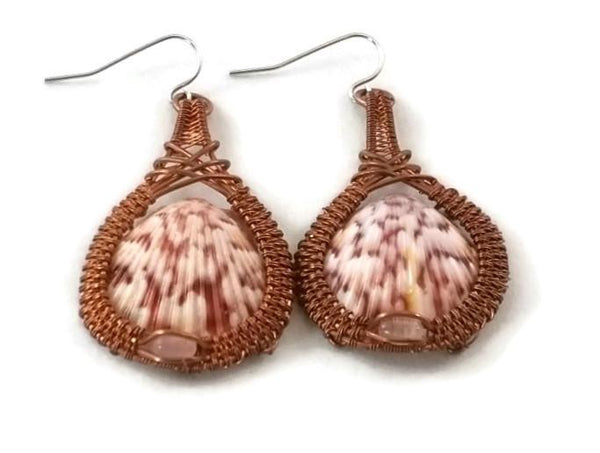 oxidized raw copper shell drop earrings with rose quartz copper jewelry shell earrings ocean jewelry ocean inspired jewelry captiva jewelry captiva island jewelry sanibel jewelry sanibel island jewelry island jewelry