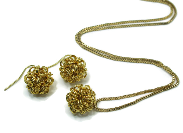 14kt gold fill chainmaille dodecahedron necklace and earrings set chainmail jewelry chainmaille dodecahedron jewelry geometric jewelry geometric pendant geometric necklace geometric earrings