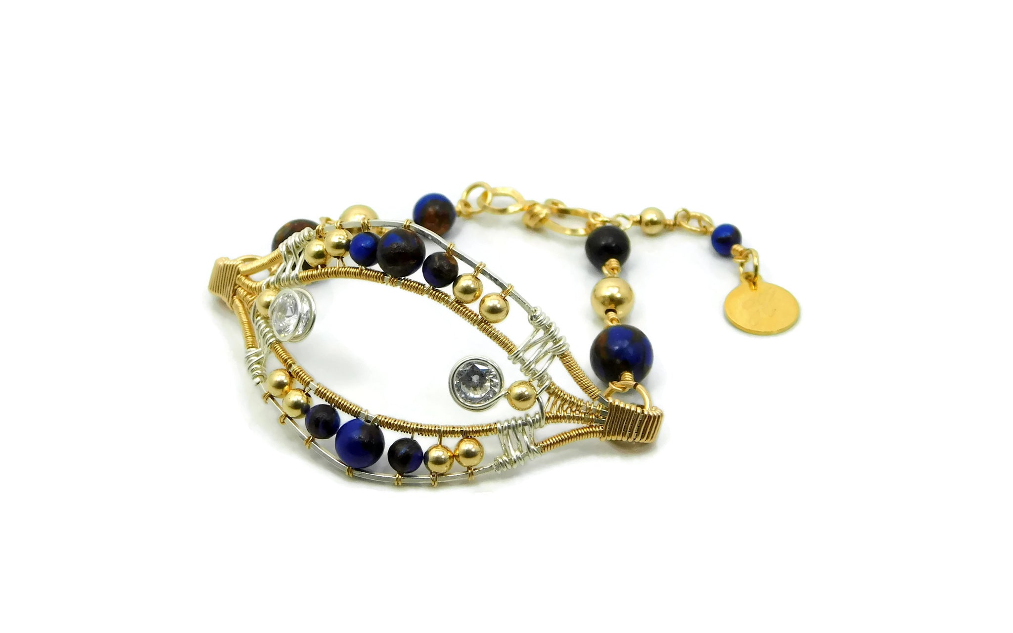 Lapis & Bronzite Joy Bracelet with Herkimer Diamonds in 14kt gold fill and sterling silver wrap bracelet wire wrap bracelet cold fusion jewelry gold and silver jewelry handmade silver jewelry sterling silver jewelry artisan jewelry handmade gemstone jewelry one of a kind jewelry unique jewelry