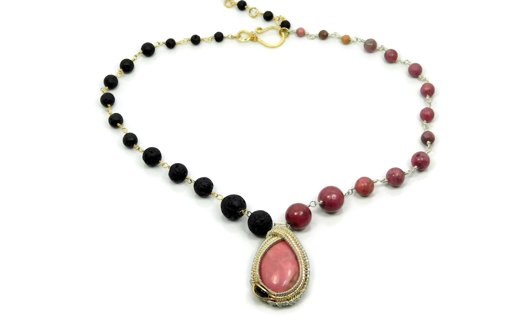 Rhodonite, Black Onyx and Lava Stone Necklace in sterling silver and 14kt gold fill wire necklace cold fusion jewelry gold and silver jewelry handmade silver jewelry sterling silver jewelry artisan jewelry handmade gemstone jewelry one of a kind jewelry unique jewelry