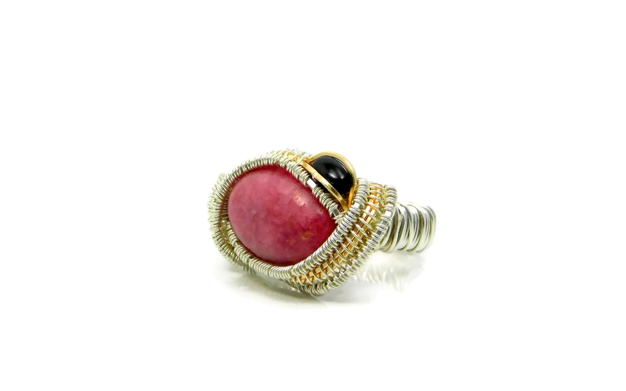 Rhodonite and Black Onyx Ring in sterling silver and 14kt gold fill cold fusion jewelry gold and silver jewelry handmade silver jewelry sterling silver jewelry artisan jewelry handmade gemstone jewelry one of a kind jewelry unique jewelry gemstone rings