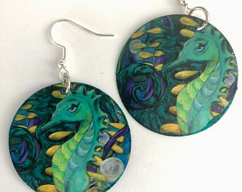 seahorses earrings paper earrings jewelry beach coastal blue green