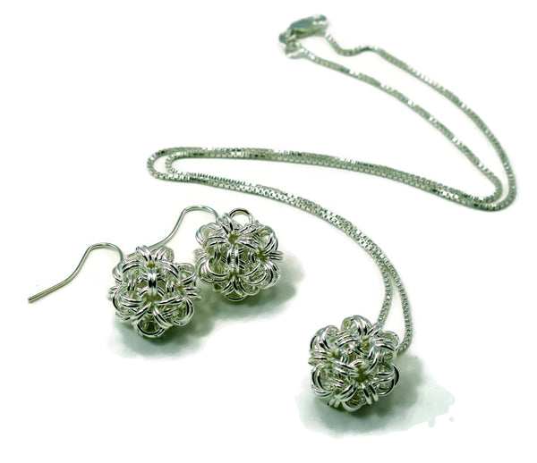 Sterling Silver Dodecahedron Chainmaille Necklace and Earrings Gift Set