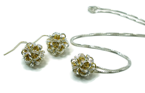 Sterling Silver & 14kt Gold Fill Dodecahedron Chainmaille Earrings & Necklace Two Piece Set