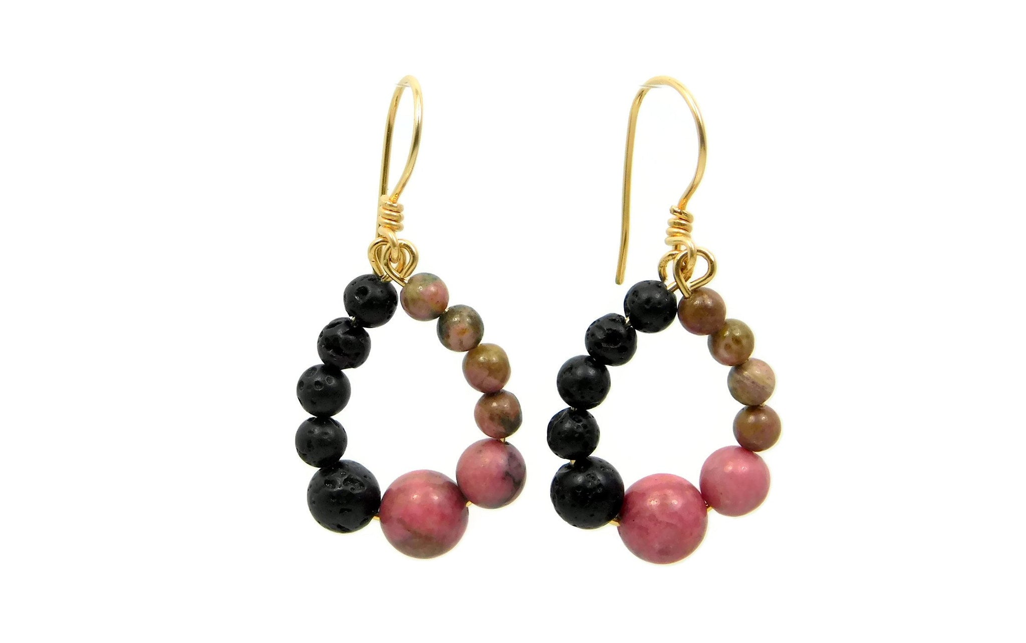 Rhodonite and Lava Stone earrings in sterling silver and 14kt gold fill cold fusion jewelry gold and silver jewelry handmade silver jewelry sterling silver jewelry artisan jewelry handmade gemstone jewelry one of a kind jewelry unique jewelry