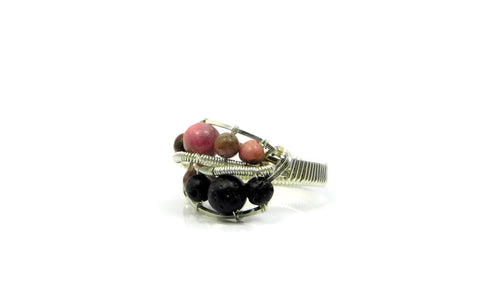 Rhodonite and Lava Stone Ring in sterling silver and 14kt gold fill cold fusion jewelry gold and silver jewelry handmade silver jewelry sterling silver jewelry artisan jewelry handmade gemstone jewelry one of a kind jewelry unique jewelry gemstone rings