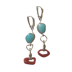 Raffle Art by Bev Fox: Native Nevada Turquoise & Natural Coral Earrings in Sterling Silver